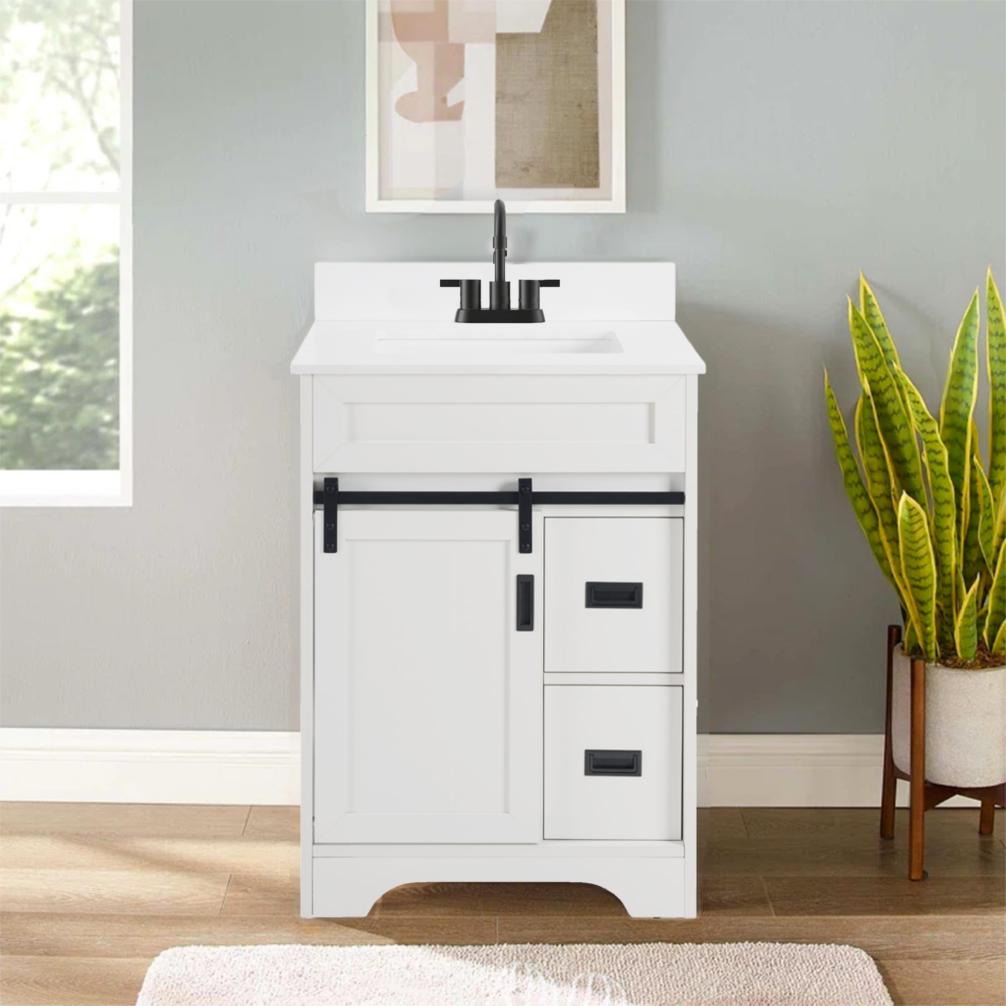 [VIDEO Provided]24" Bathroom Vanity With Single Sink Combo, Farmhouse Undermount Bathroom Sink Cabinet With Sliding Barn Doors And 2 Drawers, Freestanding Bathroom Vanities,White_maomaolike.com